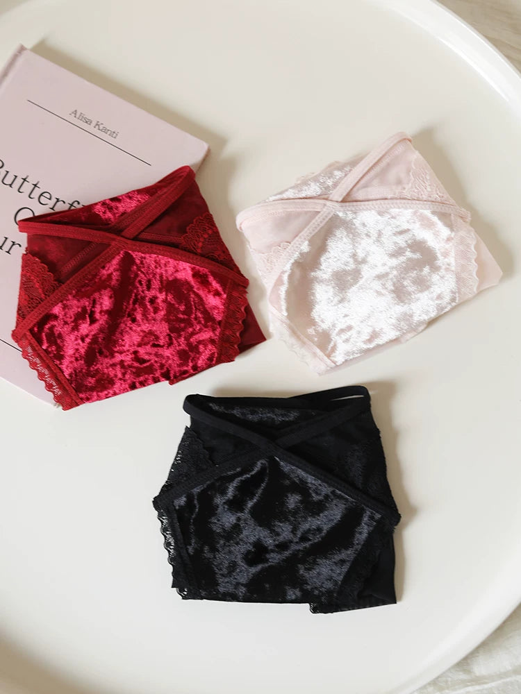 Velvet Mesh Lace Panties with Straps and Cotton Crotch