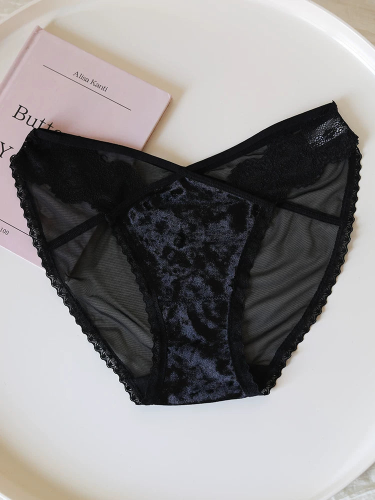 Velvet Mesh Lace Panties with Straps and Cotton Crotch