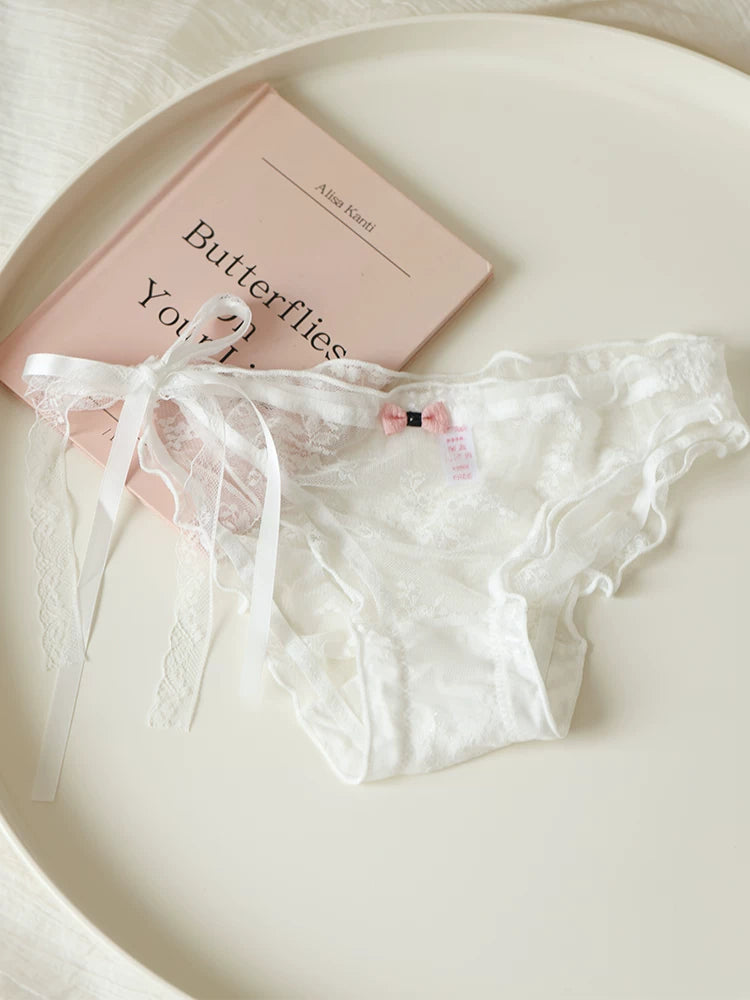 French-Inspired Low-Waist Sheer Mesh Panties with Ribbon Bow and Lace Trim