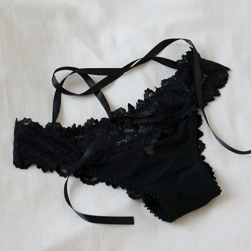 French-Inspired Vintage Low-Waist Triangle Hollow Bow Lace Panties