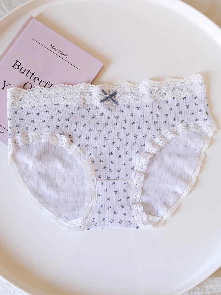 Sweet Floral Bow Lace Trim Pure Cotton Crotch Panties