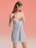 Striped V-Neck Nightgown with Lace Trim