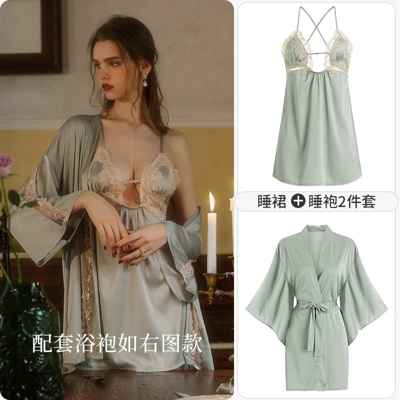 Women's Spaghetti Strap Slit Nightgown with Backless Design