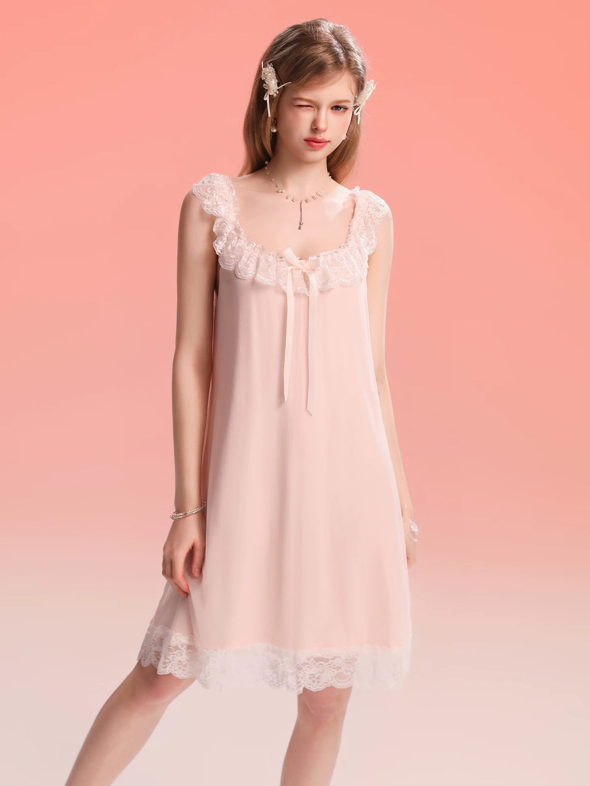 French-Inspired Vintage Camisole Nightgown with Lace Trim and Alluring Slit
