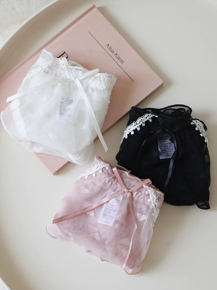 Sweet Heart-Shaped Mesh Panties with Bow and Lace Trim