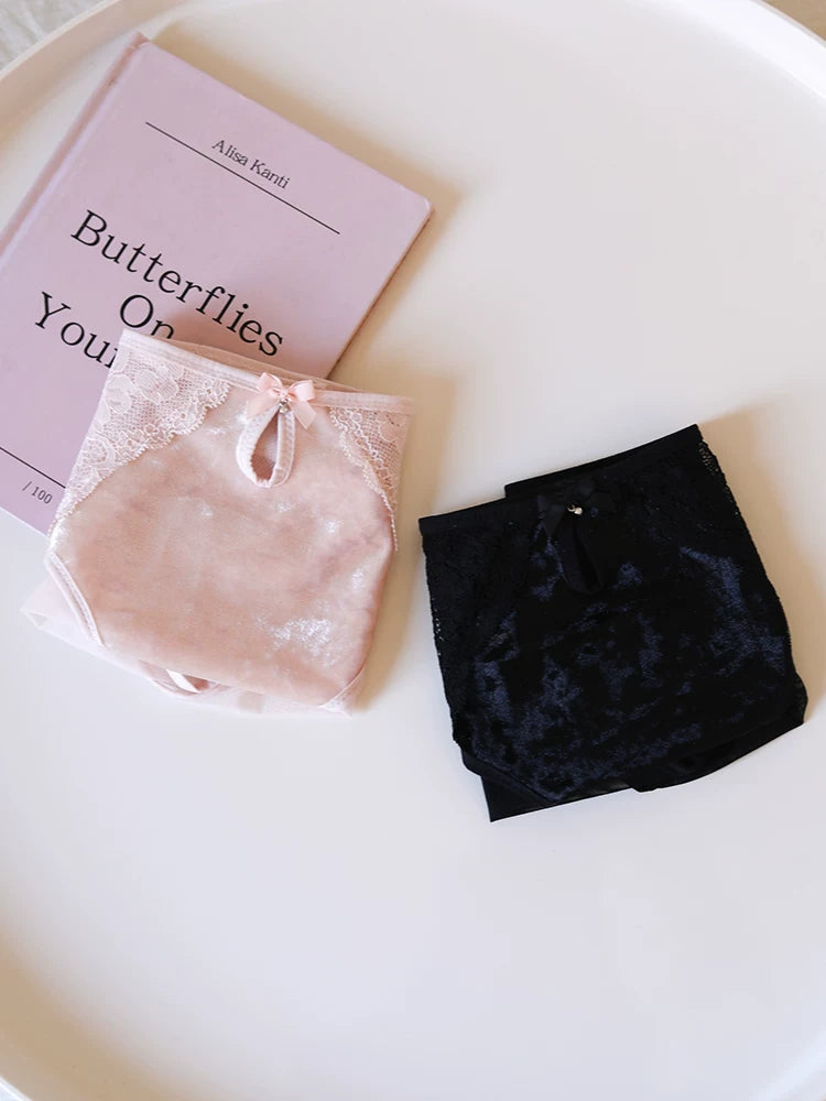 French-Inspired Vintage Mesh Panties with Velvet Bow and Lace Trim