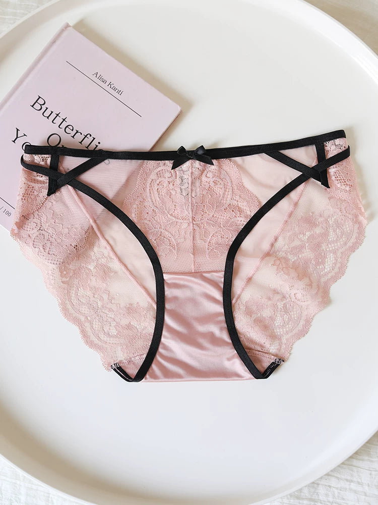 French-Inspired Low-Waist Mesh Panties with Bow and Lace Trim