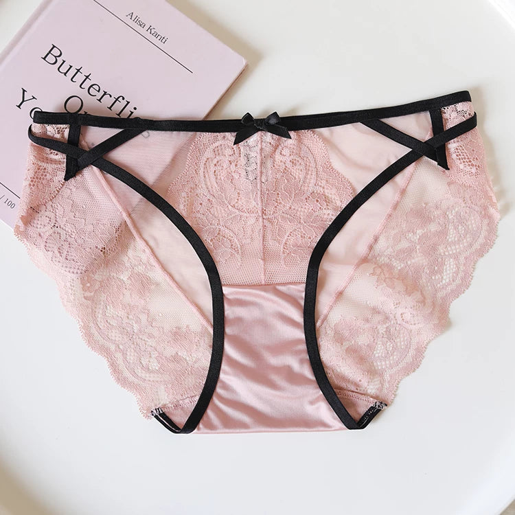 French-Inspired Low-Waist Mesh Panties with Bow and Lace Trim