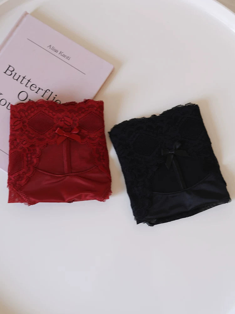 Mid-Waist Satin Mesh Panties with Lace Trim