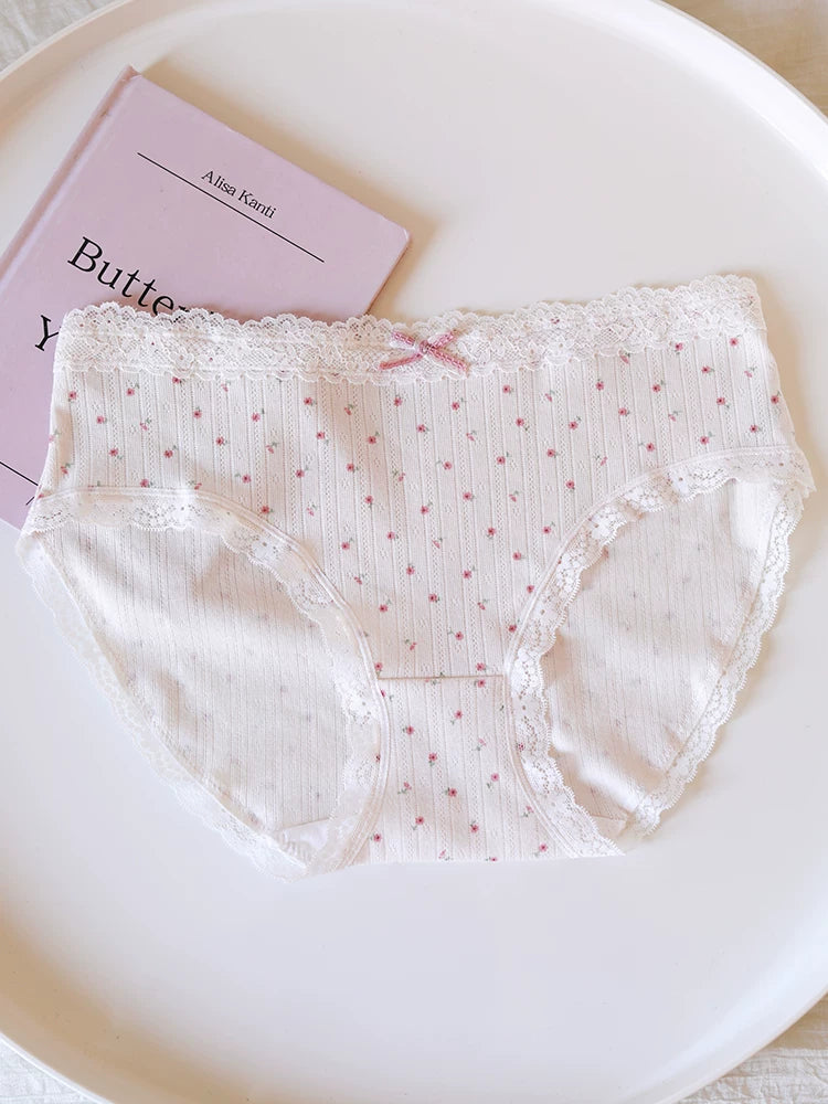 Sweet Floral Bow Lace Trim Pure Cotton Crotch Panties