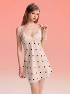 Women's French-Inspired Polka Dot Nightdress with Lace Trim