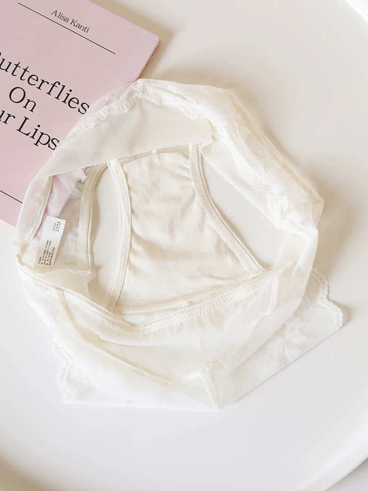 French-Inspired Vintage Cross-Flower Lace Trim Low-Waist Breathable Briefs