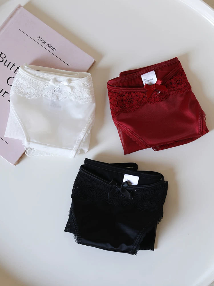 Luxury Satin Lace-Trimmed Low-Waist Briefs with Mesh and Cotton Crotch