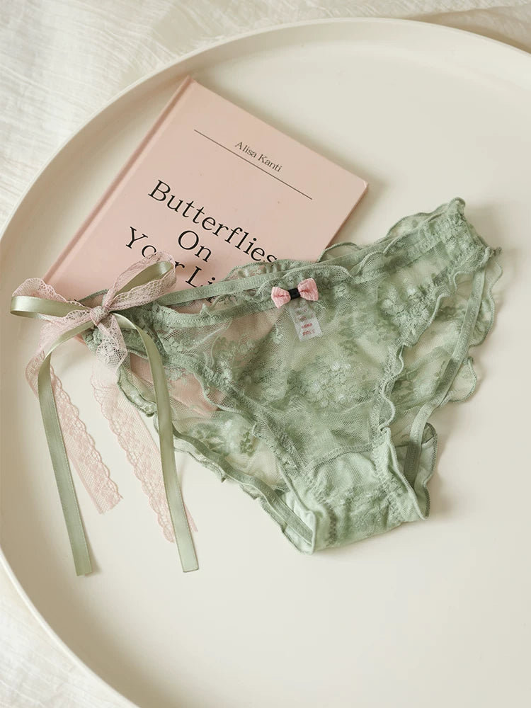 French-Inspired Low-Waist Sheer Mesh Panties with Ribbon Bow and Lace Trim