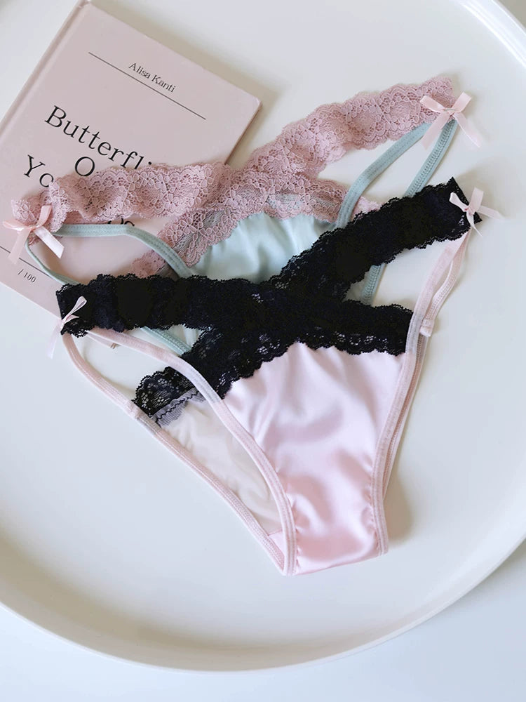 Women's Cross-Cut Hollow Mesh Panties with Lace Trim