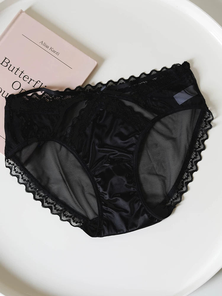 Lace-Trimmed Low-Waist Thong Panties with Thin Straps and Satin Mesh
