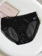 Lace-Trimmed Low-Waist Thong Panties with Thin Straps and Satin Mesh