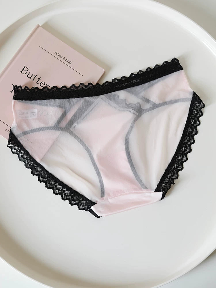 Lace-Trimmed Low-Waist Thong Panties with Thin Straps and Satin Mesh