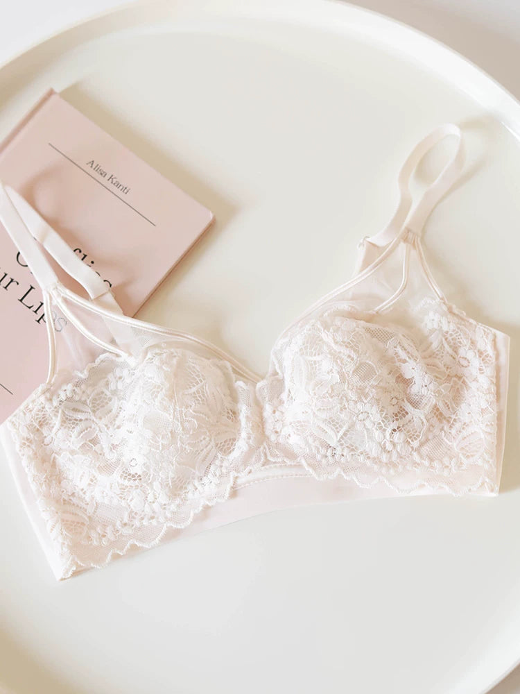 French-Inspired Pink Wireless Seamless Lace Bra with Bunny Ear Cups