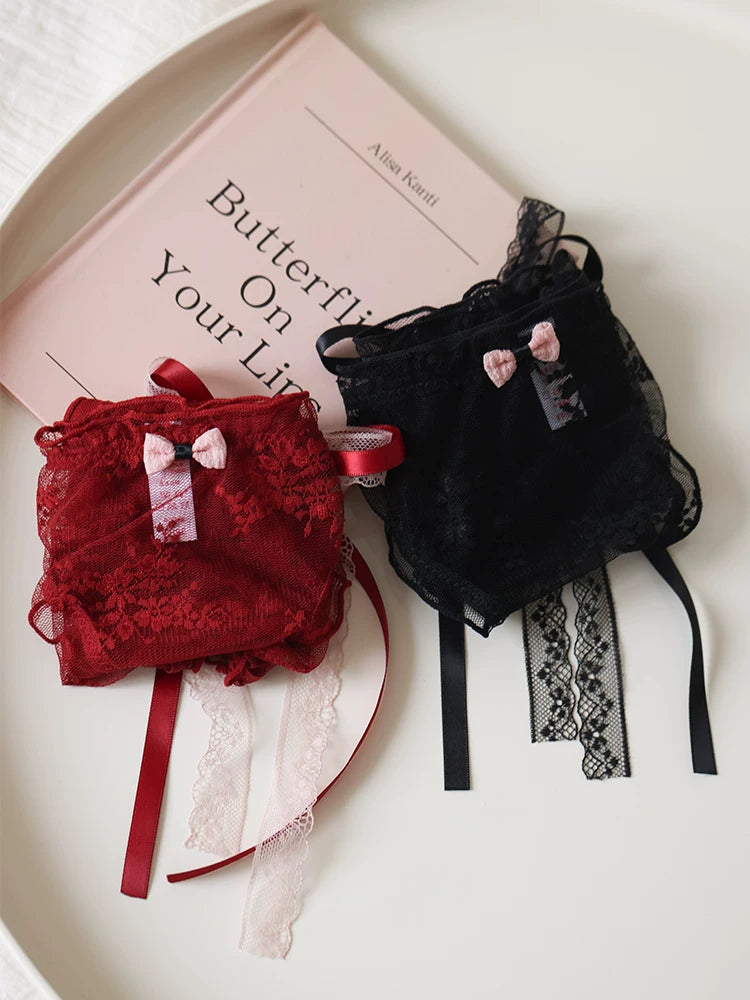 French-Inspired Low-Waist Sheer Mesh Panties with Ribbon Bow and Lace Trim