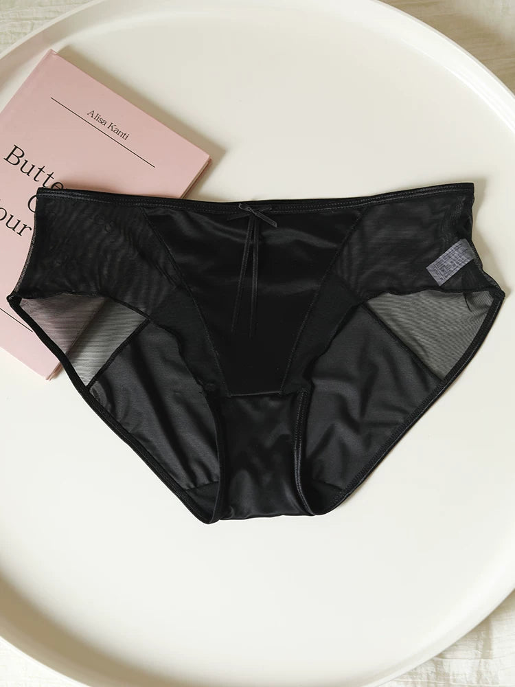 French-Inspired Luxury Satin Mesh Panties with Bow and Lace Trim
