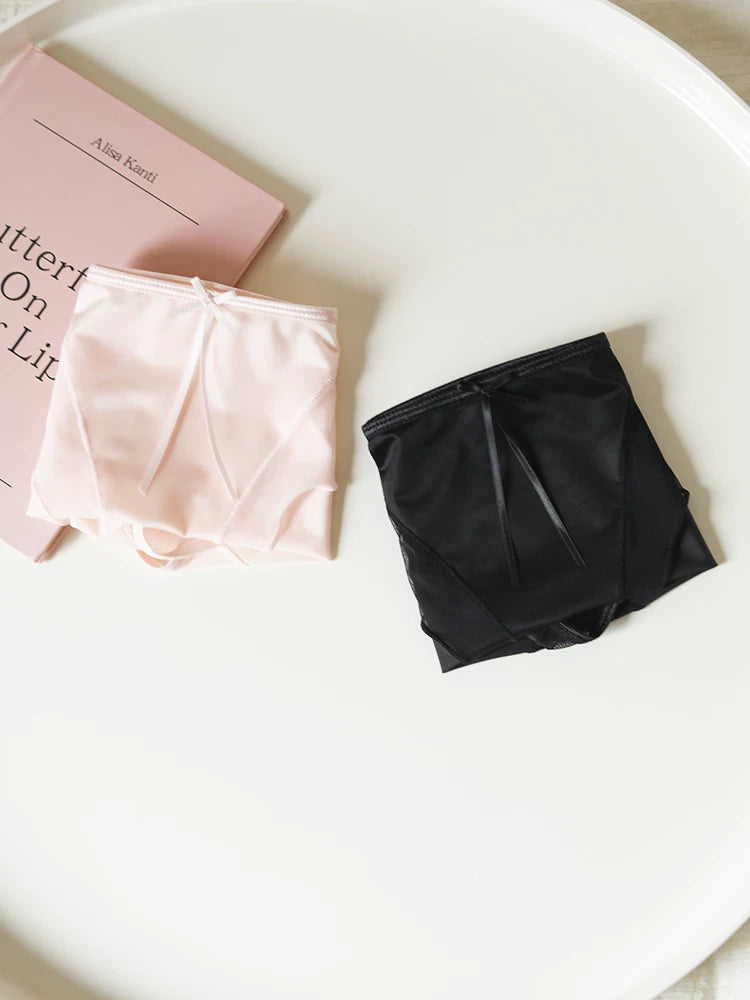 French-Inspired Luxury Satin Mesh Panties with Bow and Lace Trim