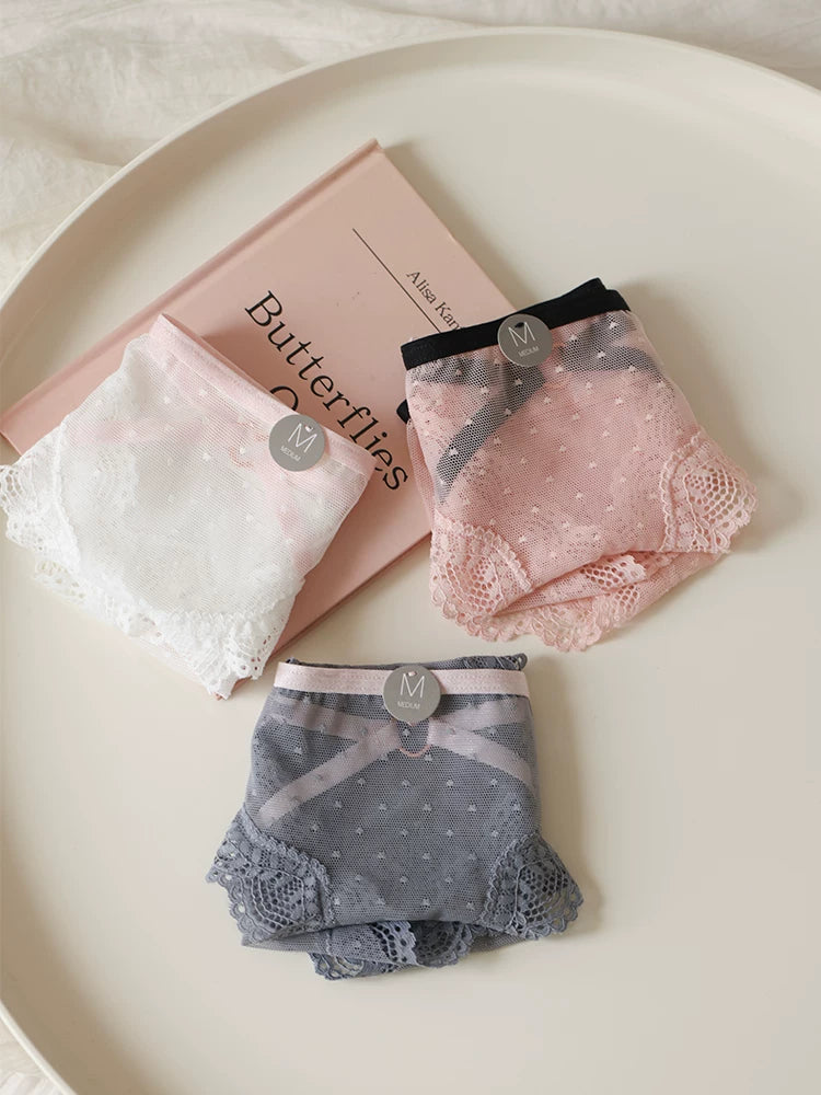 French-Style Lace Panties with Heart Cutout and Mesh Trim