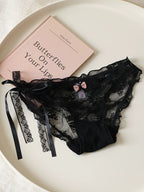 French-Inspired Low-Waist Sheer Mesh Panties with Ribbon Bow and Lace Trim