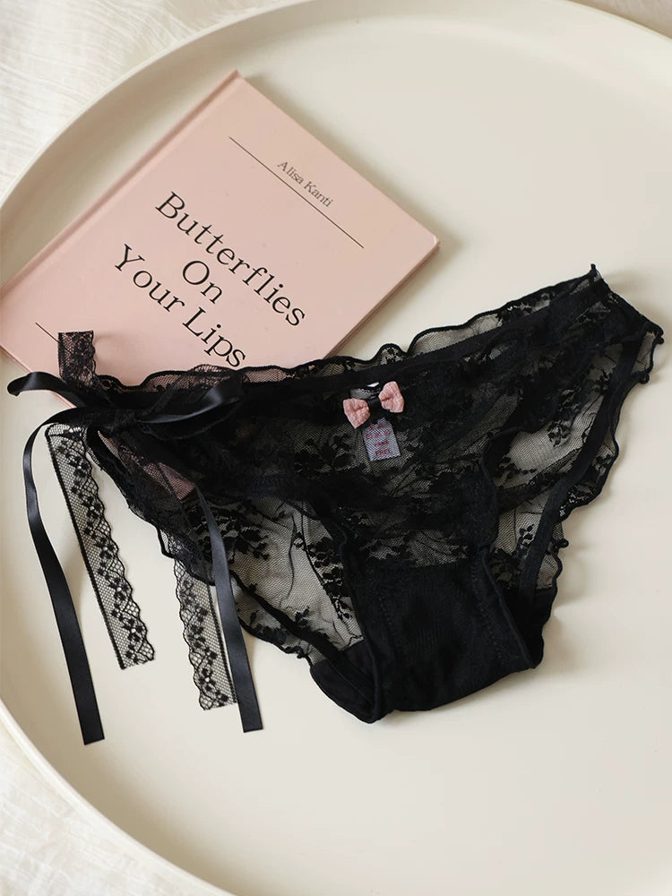 French-Inspired Low-Waist Sheer Mesh Panties with Ribbon Bow and Lace Trim