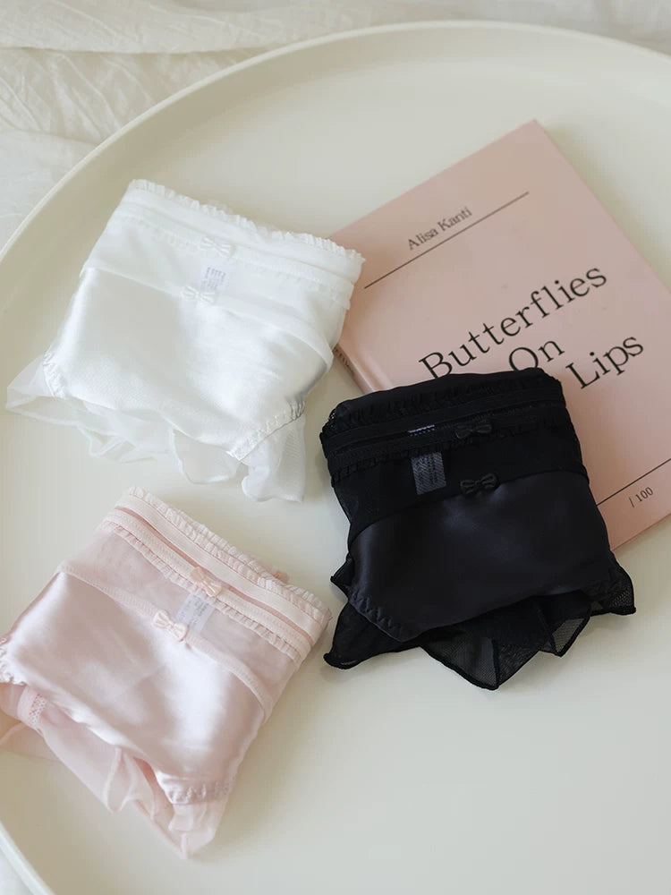 French-Inspired Vintage Bow-Knot Satin Panties with Mesh and Lace Trim