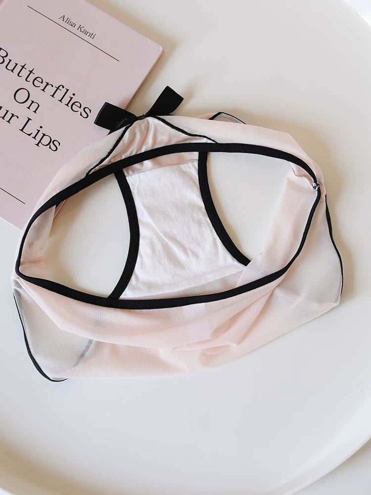 French-Inspired Vintage Mesh Panties with Bow and Lace Trim