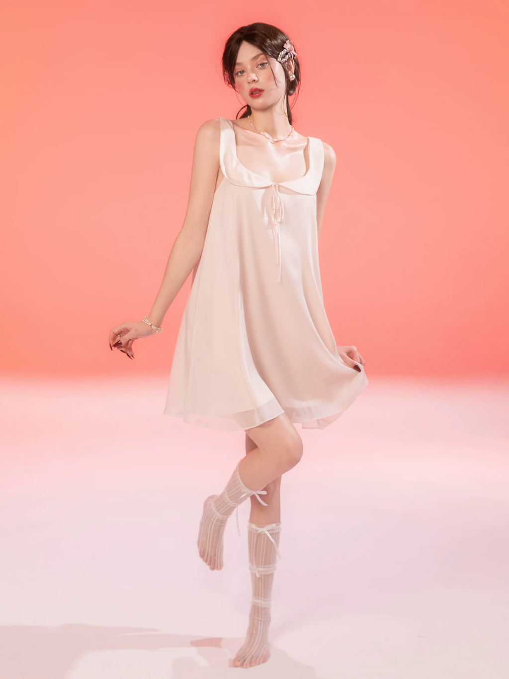 French-Inspired Vintage Mesh Nightdress with Doll Collar and Gauze Trim
