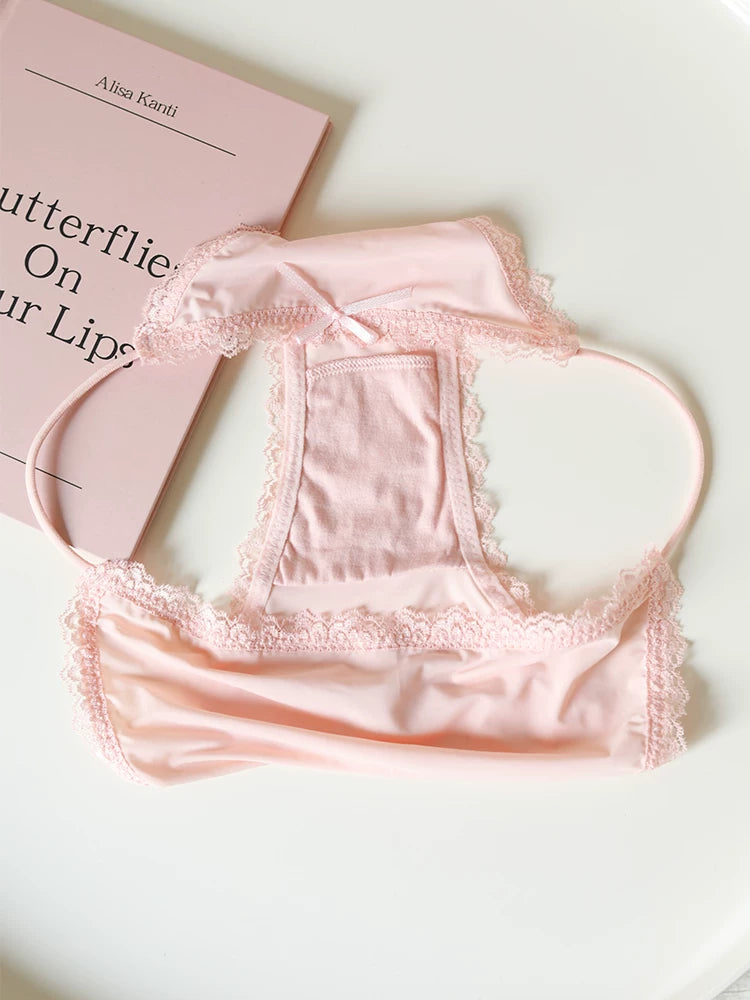Low-Waist Ice Silk Panties with Bow Tie String and Lace Trim