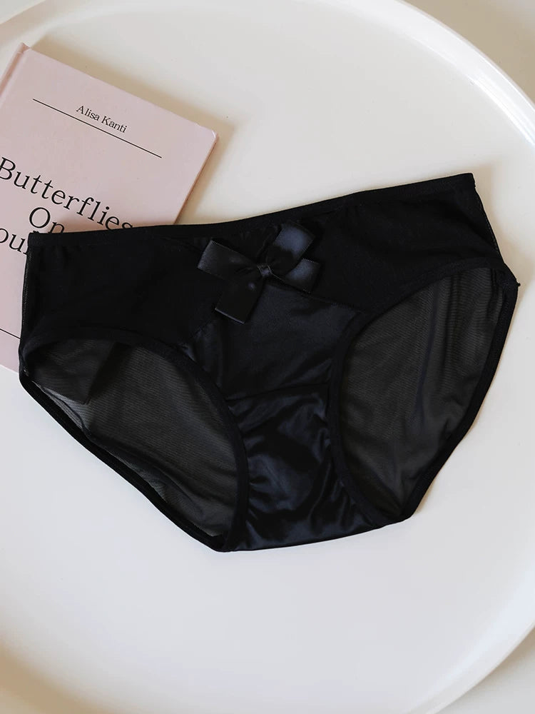 French-Inspired Vintage Mesh Panties with Bow and Lace Trim