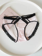 Lace-Trimmed Low-Waist Thong Panties with Thin Straps and Satin Mesh
