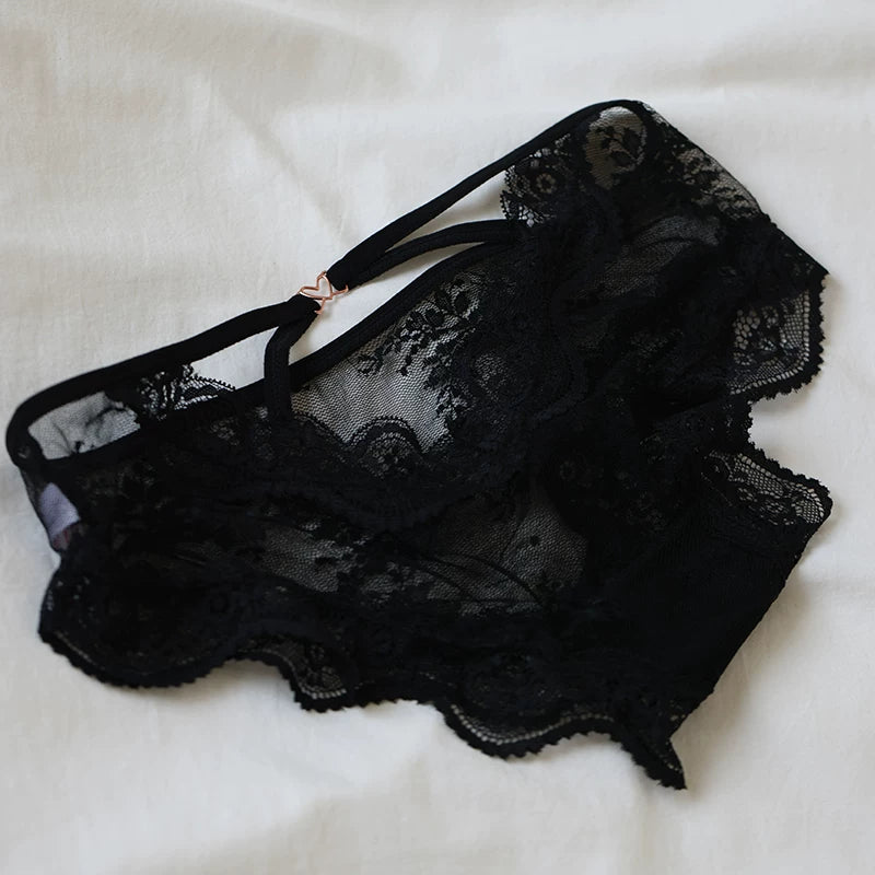 French-Inspired Lace Panties with Mesh Hollow-Out and Pure Cotton Crotch
