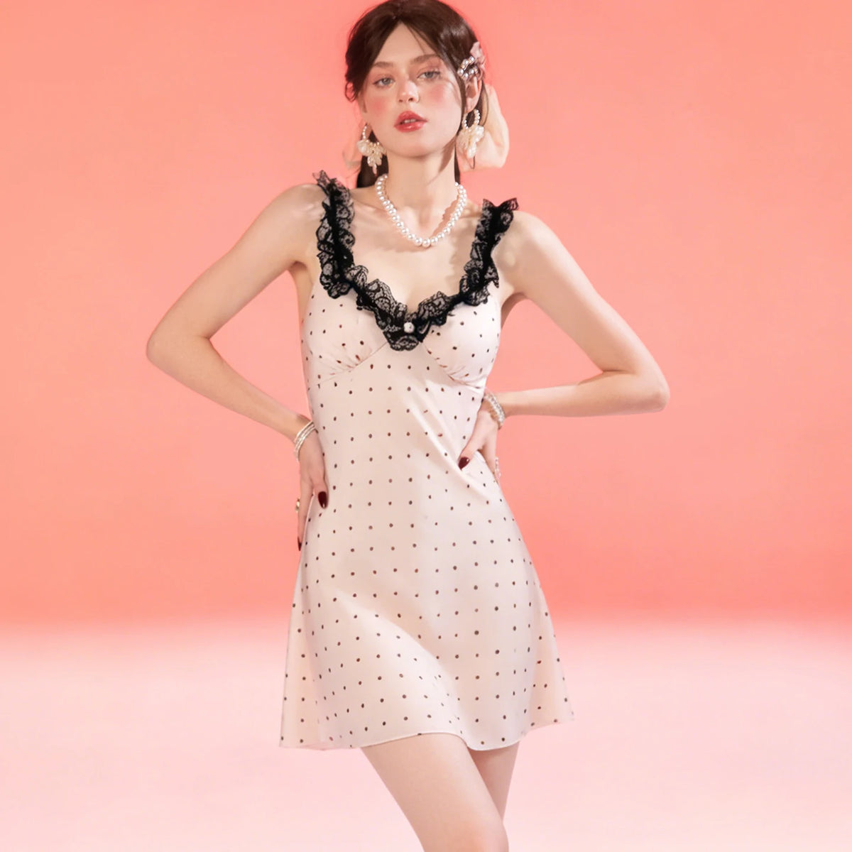Women's French-Inspired Polka Dot Nightdress with Lace Trim