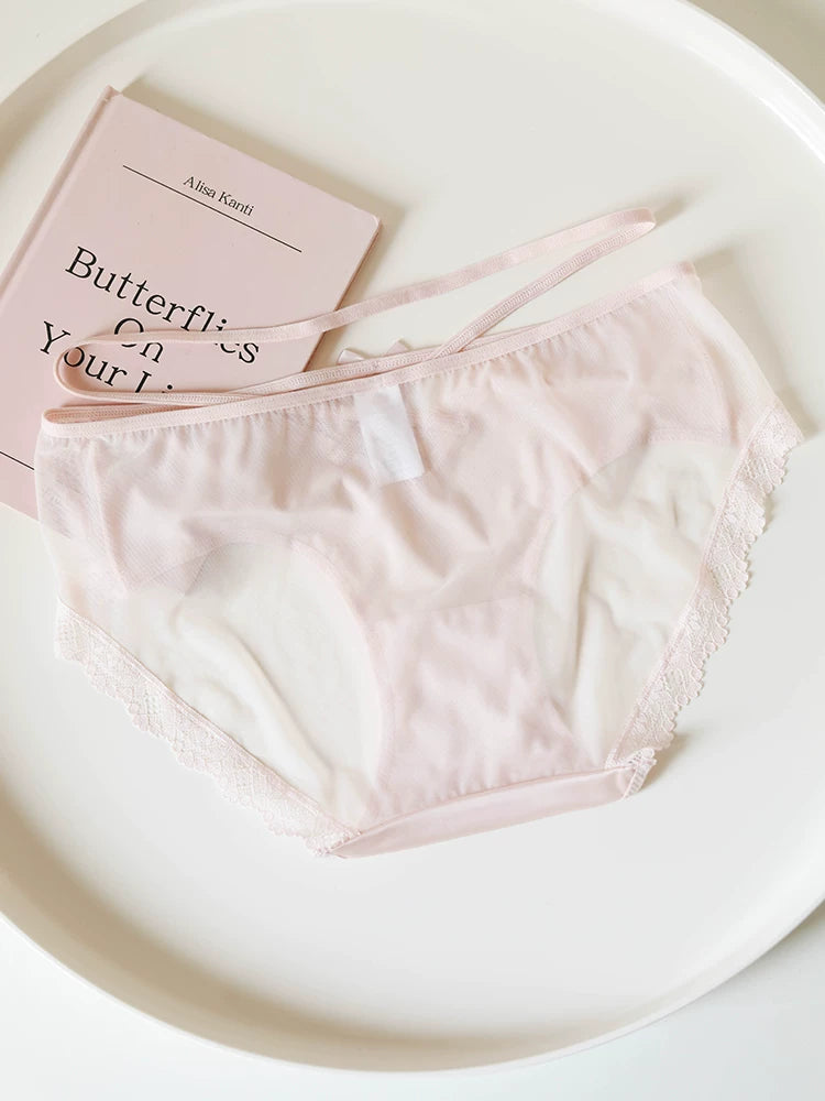 French-Inspired Low-Waist Sheer Mesh Lace Panties with Cross Straps