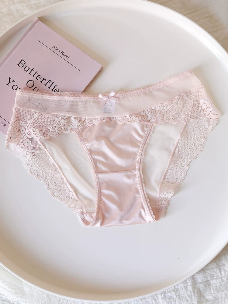 Luxury Low-Waist Satin Panties with Lace Mesh and Pure Cotton Crotch
