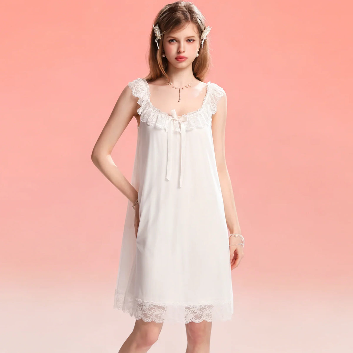 French-Inspired Vintage Camisole Nightgown with Lace Trim and Alluring Slit