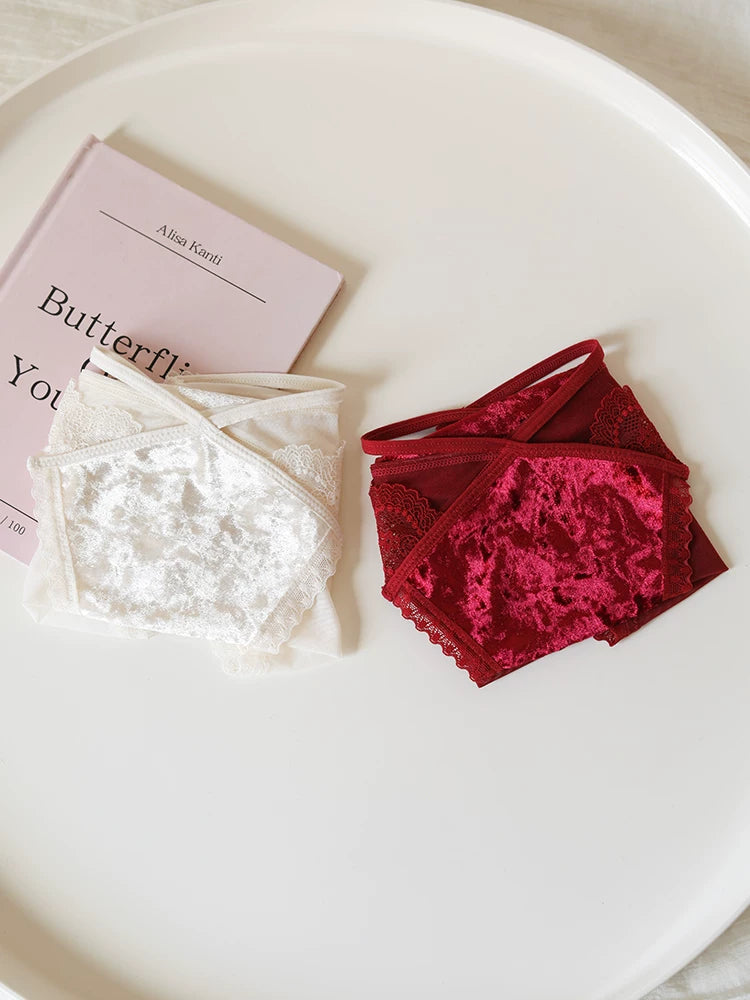 Velvet Mesh Lace Panties with Straps and Cotton Crotch
