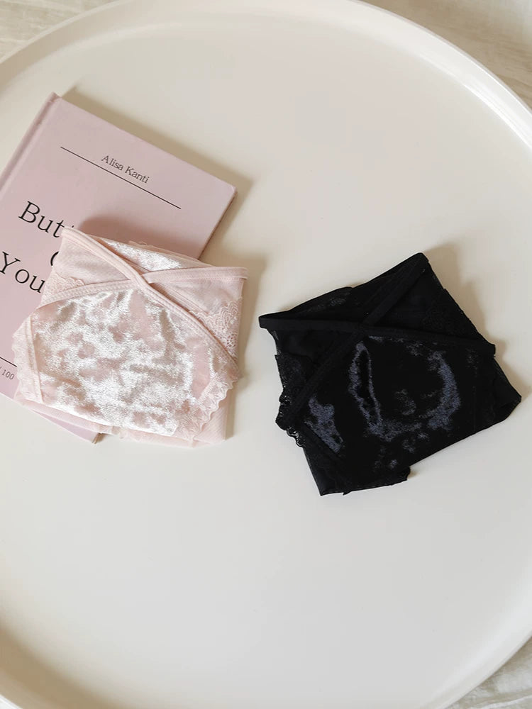 Velvet Mesh Lace Panties with Straps and Cotton Crotch