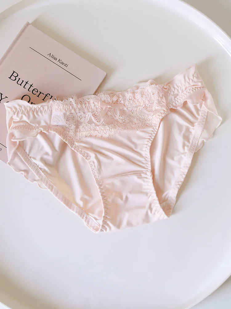 French-Inspired Soft Ice Silk Panties with Bow and Lace Trim
