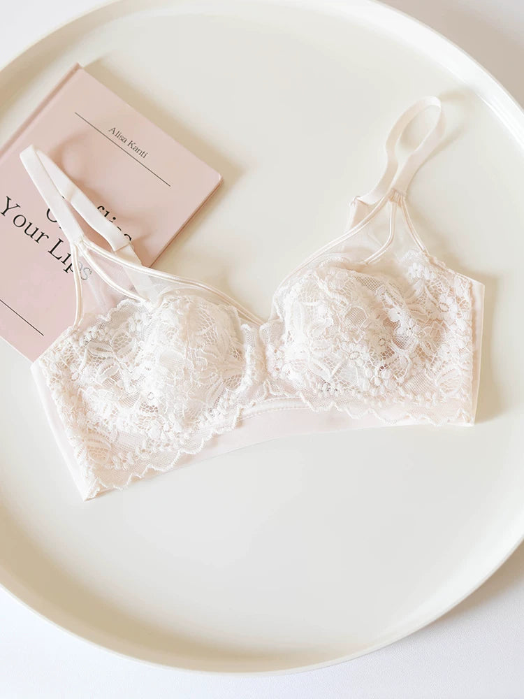 French-Inspired Pink Wireless Seamless Lace Bra with Bunny Ear Cups