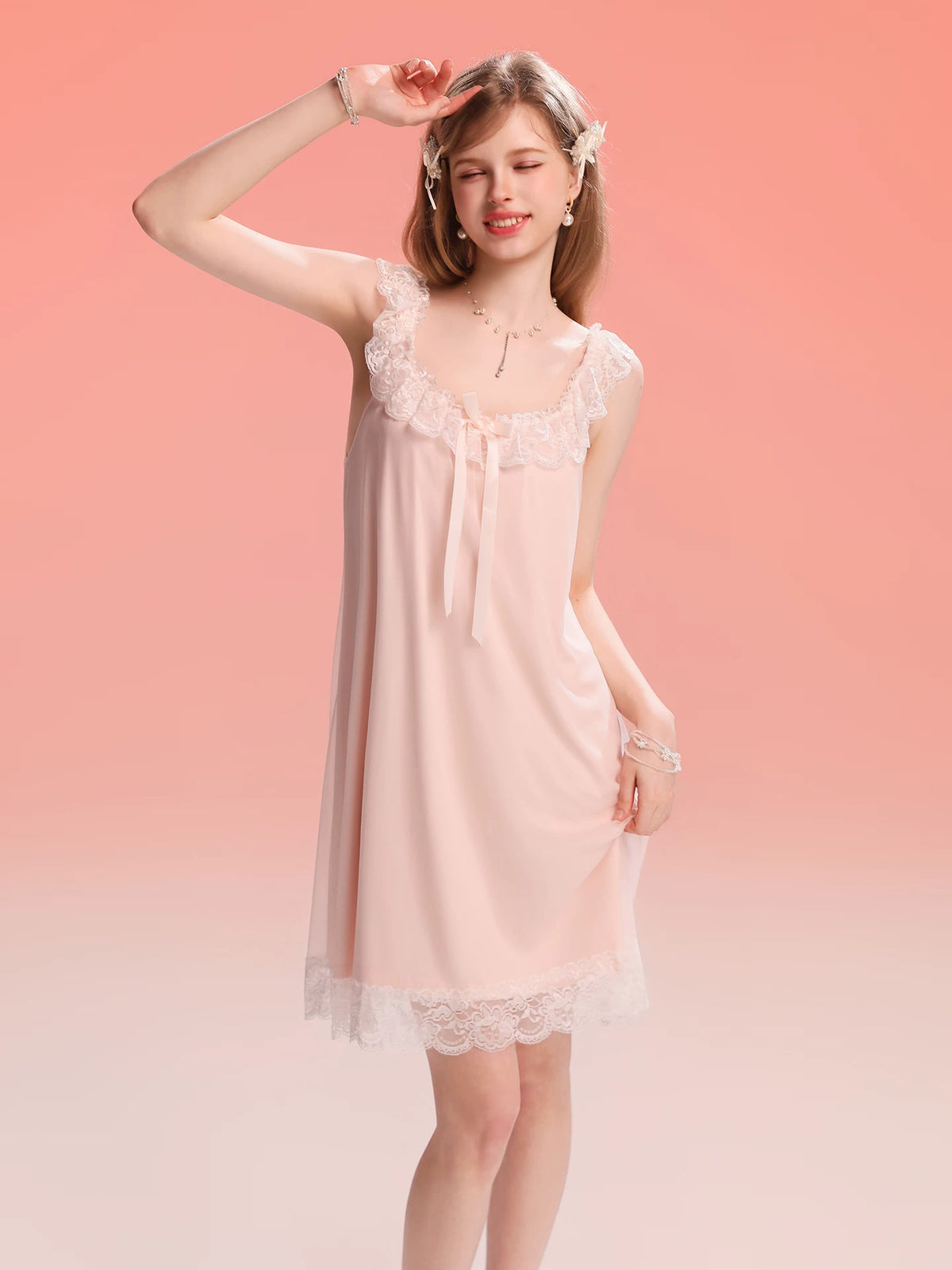 French-Inspired Vintage Camisole Nightgown with Lace Trim and Alluring Slit