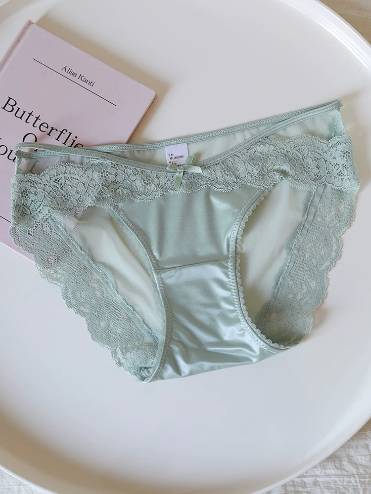 Luxury Satin Lace-Trimmed Low-Waist Briefs with Mesh and Cotton Crotch