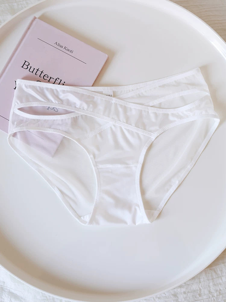 Cross-Cut Hollow-Out Sheer Mesh Lace Panties with Cotton Crotch