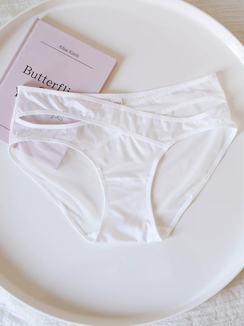 Cross-Cut Hollow-Out Sheer Mesh Lace Panties with Cotton Crotch