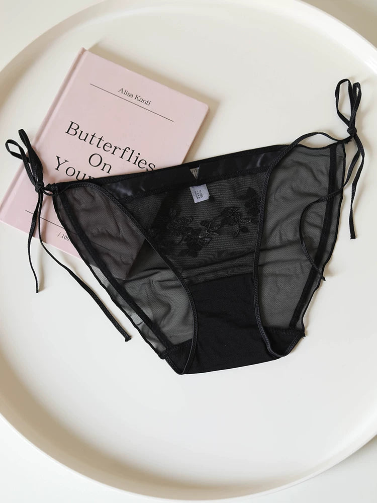 Floral-Inspired Mesh Panties with Tie Sides and Lace Trim