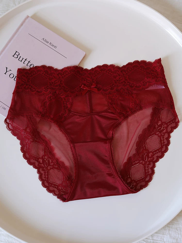 Mid-Waist Satin Mesh Panties with Lace Trim